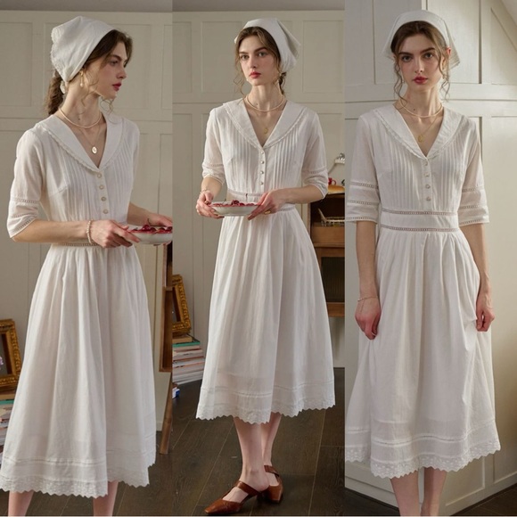 Hot Picks‼️Simple Retro Fiona Cotton White Midi Dress, Sz M, Wedding, Parisian - Picture 3 of 12